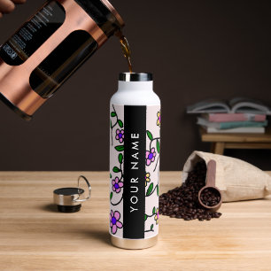 Colourful Flowers, Pink Background, Black Water Bottle