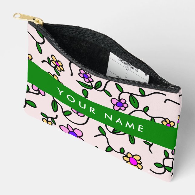 Colourful Flowers, Pink Background, Green Accessory Pouch (Open)