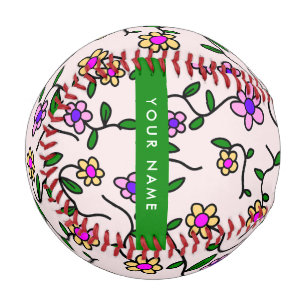 Colourful Flowers, Pink Background, Green Baseball