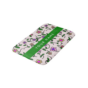 Colourful Flowers, Pink Background, Green Bath Mat
