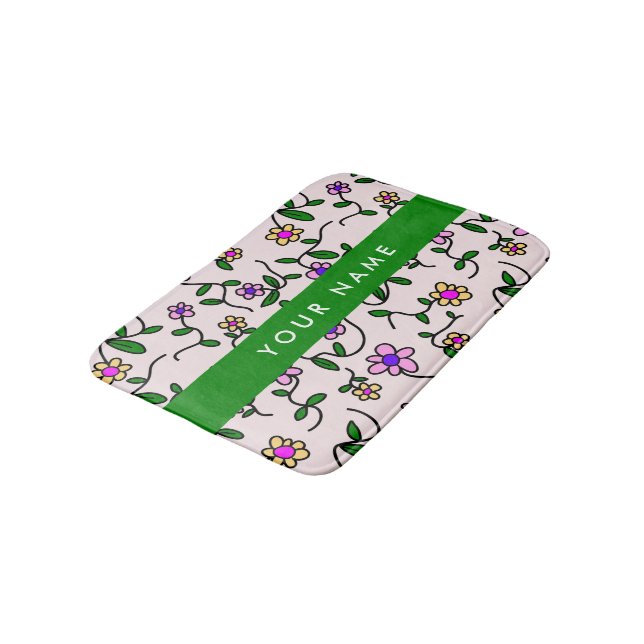 Colourful Flowers, Pink Background, Green Bath Mat (Angled)