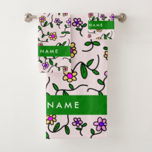 Colourful Flowers, Pink Background, Green Bath Towel Set