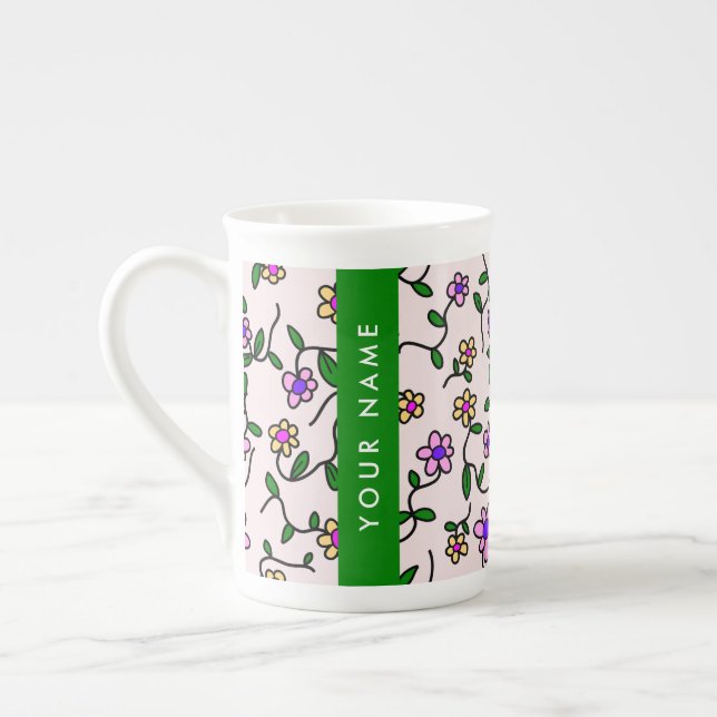 Colourful Flowers, Pink Background, Green Bone China Mug (Left)