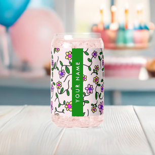 Colourful Flowers, Pink Background, Green Can Glass