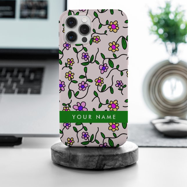 Colourful Flowers, Pink Background, Green Case-Mate iPhone Case (Creator Uploaded)