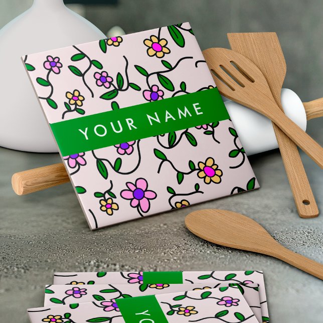 Colourful Flowers, Pink Background, Green Ceramic Tile (Creator Uploaded)