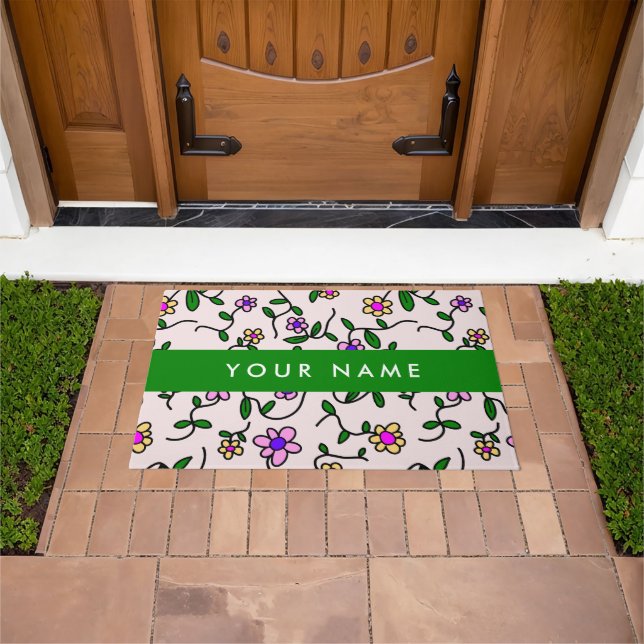 Colourful Flowers, Pink Background, Green Doormat (Outdoor)