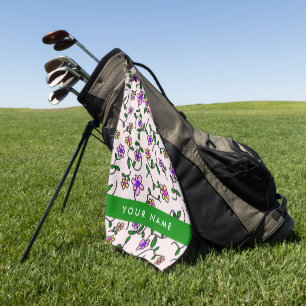 Colourful Flowers, Pink Background, Green Golf Towel