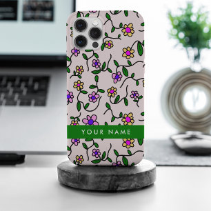 Colourful Flowers, Pink Background, Green iPhone 15 Pro Max Case