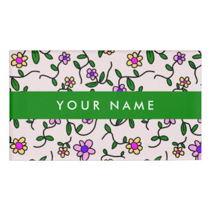 Colourful Flowers, Pink Background, Green Name Tag