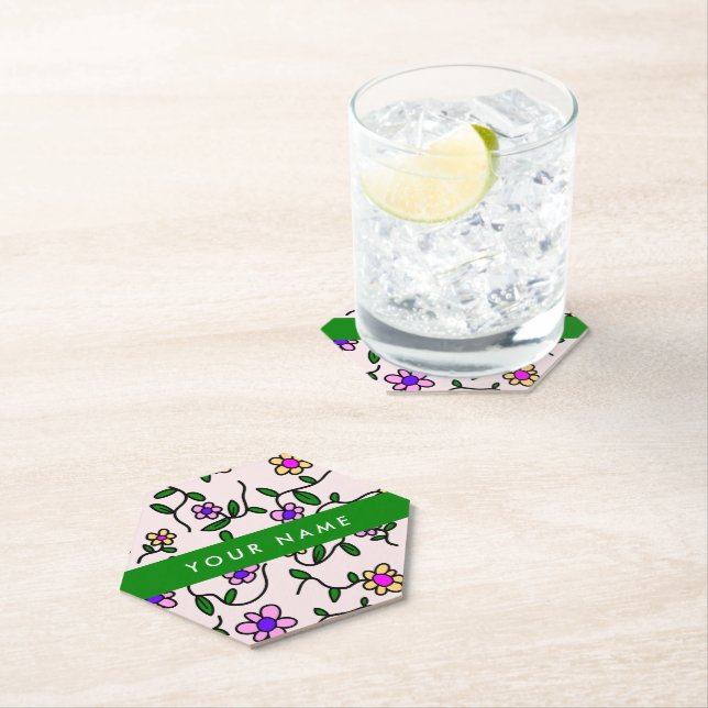 Colourful Flowers, Pink Background, Green Paper Coaster (Insitu)