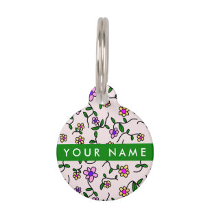 Colourful Flowers, Pink Background, Green Pet Tag