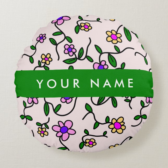 Colourful Flowers, Pink Background, Green Round Cushion (Front)