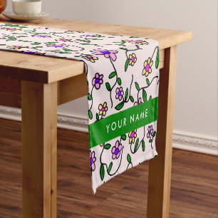 Colourful Flowers, Pink Background, Green Short Table Runner