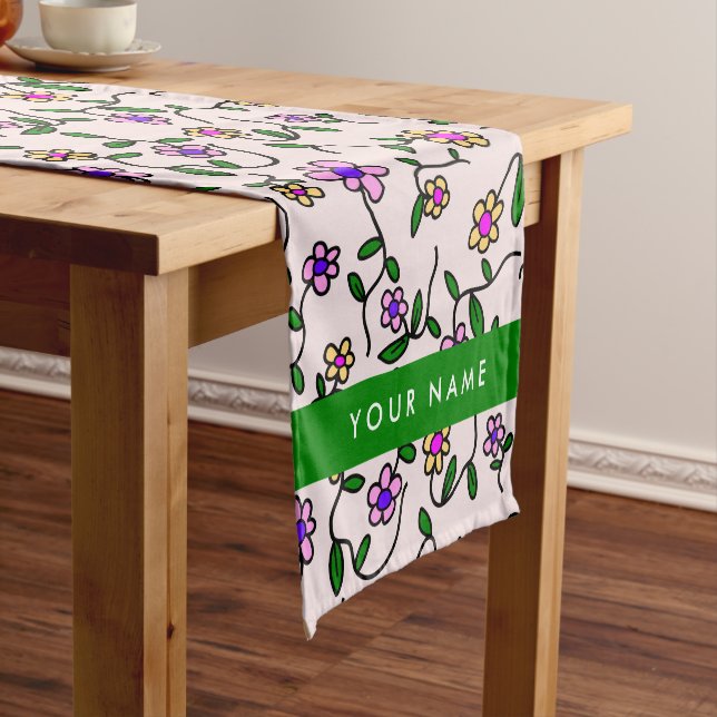 Colourful Flowers, Pink Background, Green Short Table Runner (In Situ)