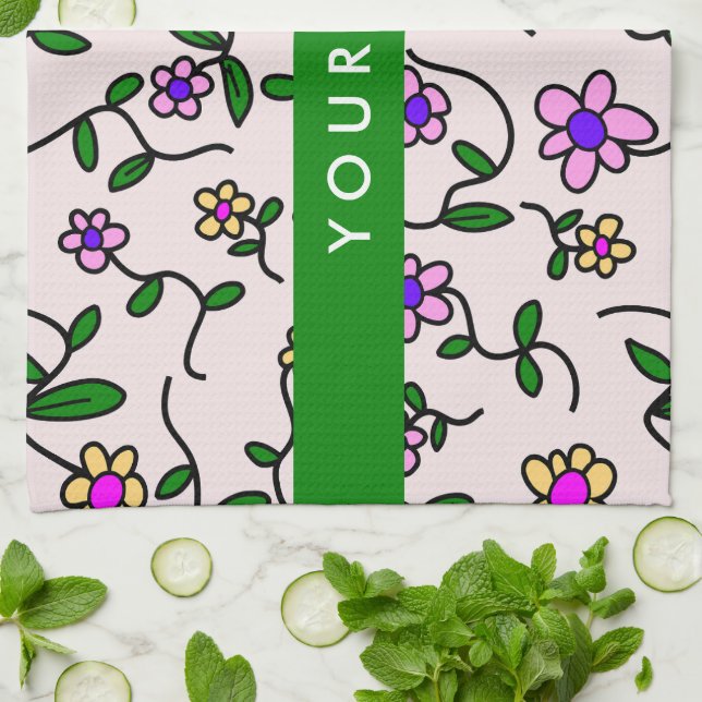 Colourful Flowers, Pink Background, Green Tea Towel (Folded)