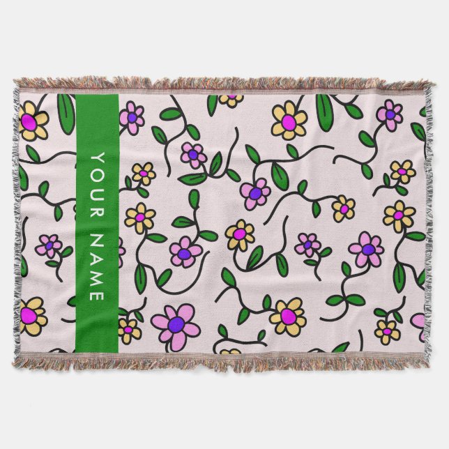 Colourful Flowers, Pink Background, Green Throw Blanket (Front)