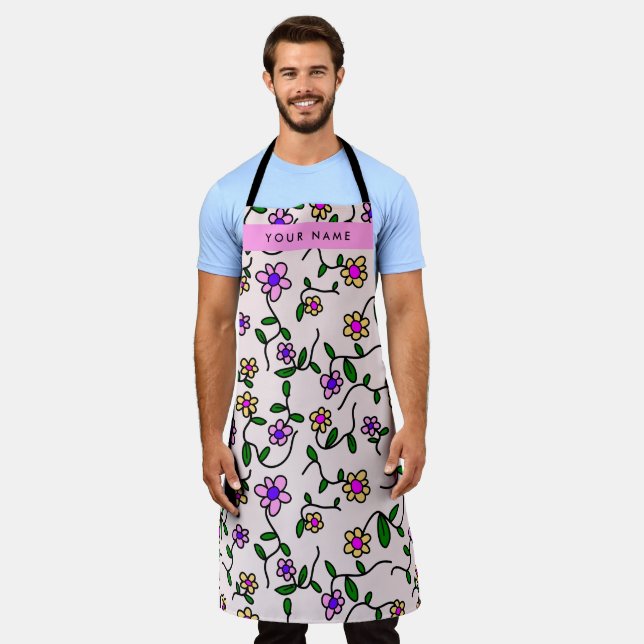 Colourful Flowers, Pink Background, Pink Apron (Worn)