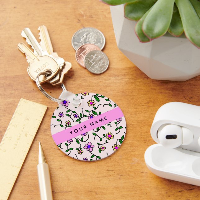Colourful Flowers, Pink Background, Pink Key Ring (Desk)