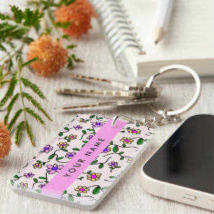 Colourful Flowers, Pink Background, Pink Key Ring
