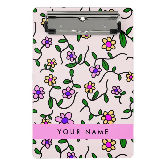 Colourful Flowers, Pink Background, Pink Mini Clipboard (Front)