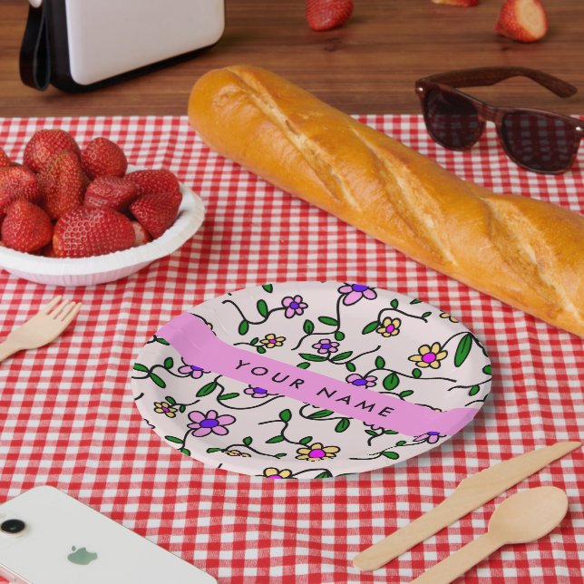 Colourful Flowers, Pink Background, Pink Paper Plate (Picnic)