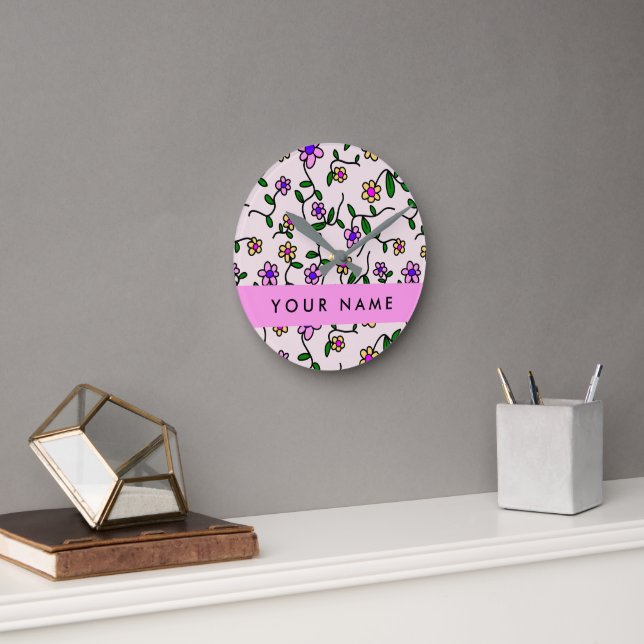 Colourful Flowers, Pink Background, Pink Round Clock (Office)