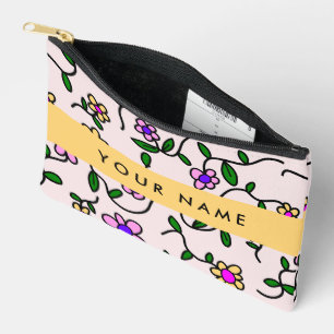 Colourful Flowers, Pink Background, Yellow Accessory Pouch