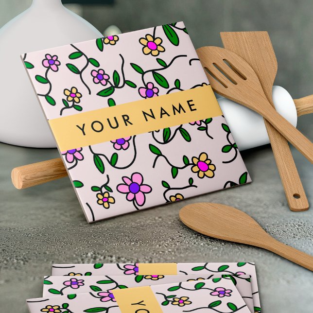 Colourful Flowers, Pink Background, Yellow Ceramic Tile (Creator Uploaded)