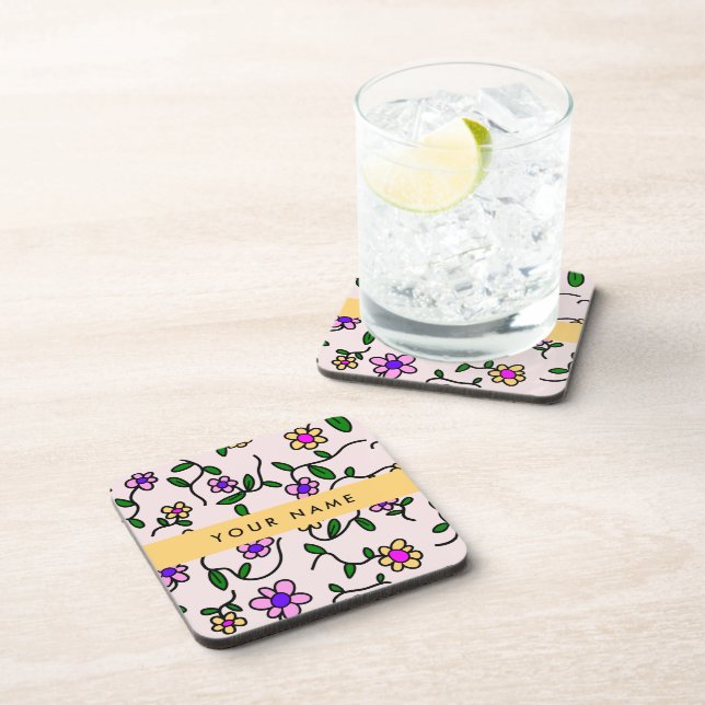 Colourful Flowers, Pink Background, Yellow Coaster (Right Side)