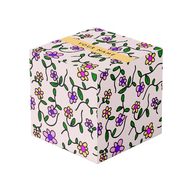 Colourful Flowers, Pink Background, Yellow Cube (Front Angled)