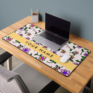 Colourful Flowers, Pink Background, Yellow Desk Mat
