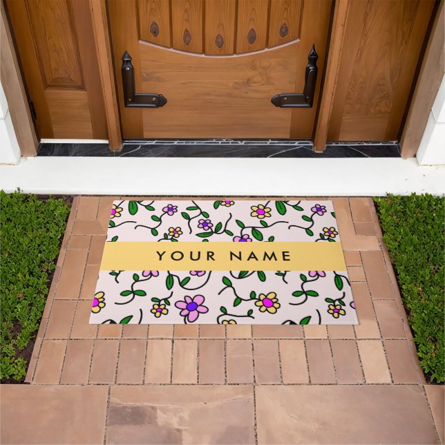 Colourful Flowers, Pink Background, Yellow Doormat (Outdoor)