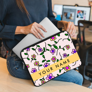 Colourful Flowers, Pink Background, Yellow Laptop Sleeve