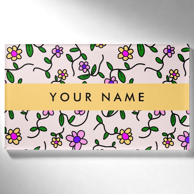 Colourful Flowers, Pink Background, Yellow Name Tag (Front)