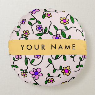 Colourful Flowers, Pink Background, Yellow Round Cushion