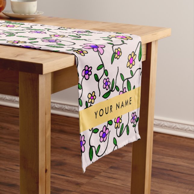 Colourful Flowers, Pink Background, Yellow Short Table Runner (In Situ)