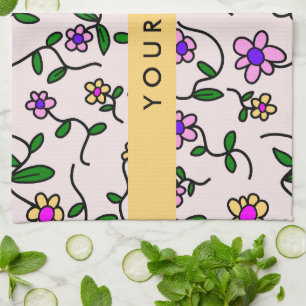 Colourful Flowers, Pink Background, Yellow Tea Towel
