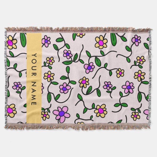 Colourful Flowers, Pink Background, Yellow Throw Blanket (Front)