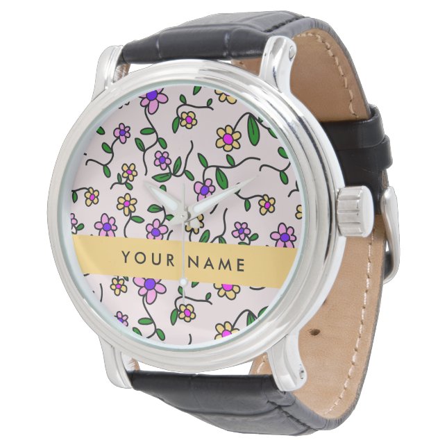 Colourful Flowers, Pink Background, Yellow Watch (Angled)