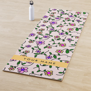 Colourful Flowers, Pink Background, Yellow Yoga Mat