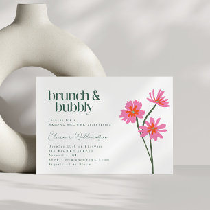 Colourful Flowers Pink Green Floral Brunch Bubbly Invitation