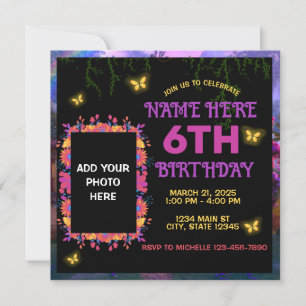 Colourful Flowers Pink Purple Butterfly Birthday Invitation