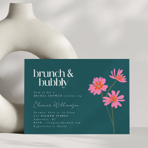 Colourful Flowers Pink Teal Floral Brunch Bubbly Invitation