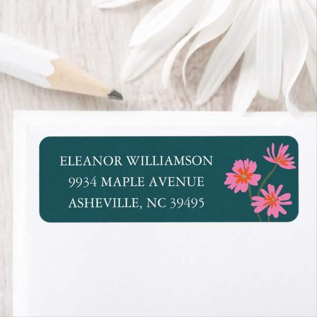 Colourful Flowers Pink Teal Floral Return Address Label (Insitu)