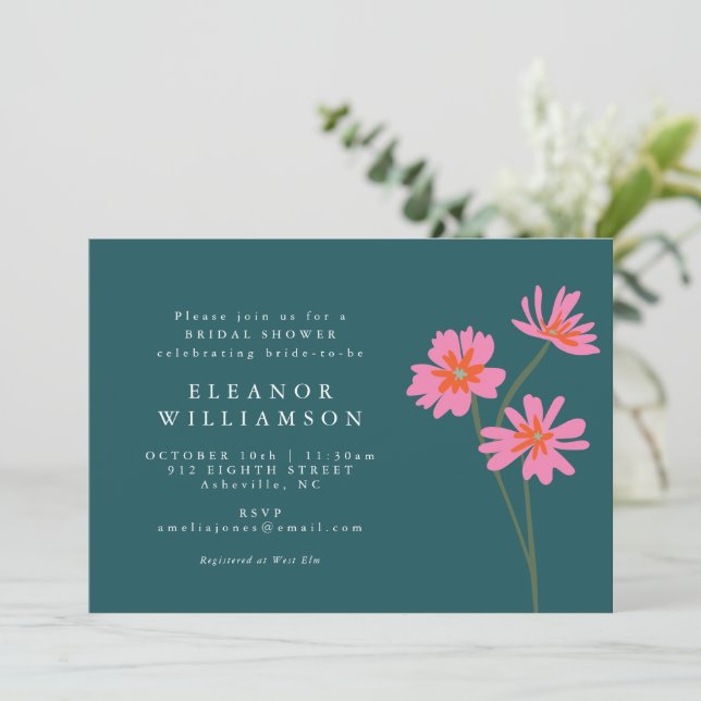 Colourful Flowers Pink Teal Green Floral Shower Invitation (Standing Front)