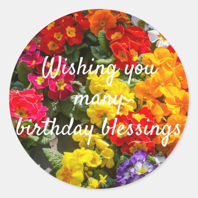 Colourful Flowers Primroses Birthday Blessings Classic Round Sticker (Front)