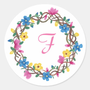 Colourful Flowers Round Frame Monogram Stickers