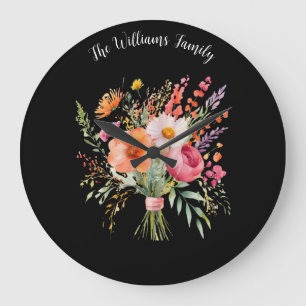 Colourful Flowers Rustic Floral Pretty Personalise Large Clock