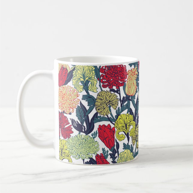 Colourful flowers: seamless white pattern. coffee mug (Left)